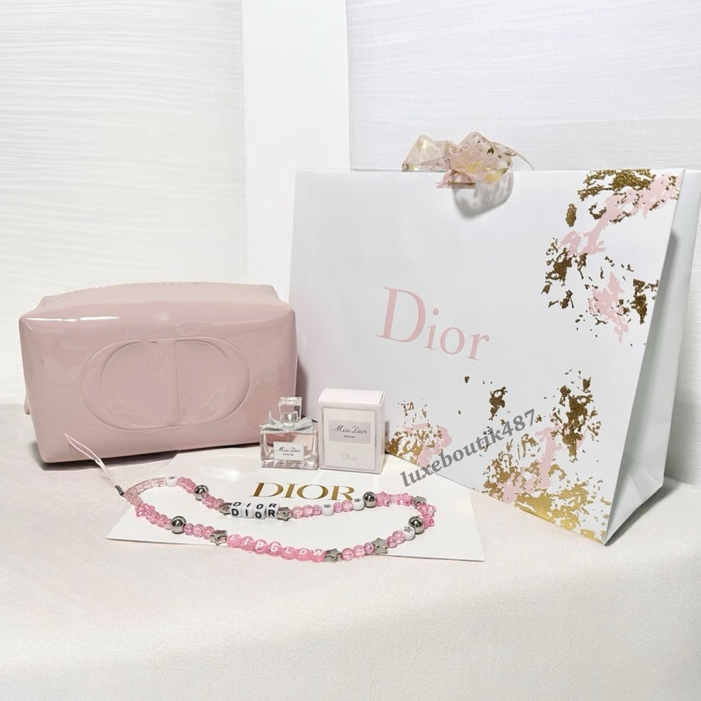 Dior Pink Gift Set Cosmetic Pouch Beaded Phone Charm Miss Dior Mini